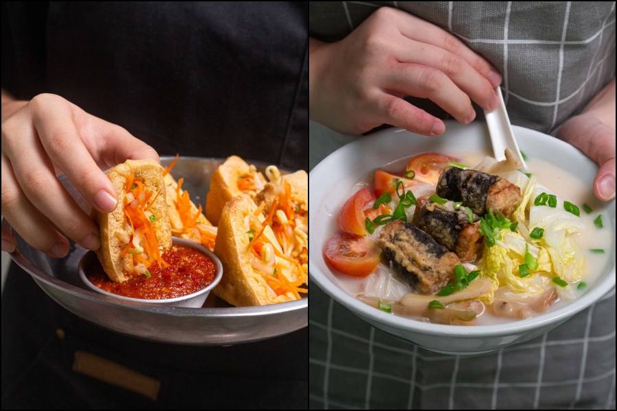 A photo of tauhu sumbat next to a photo of fish head soup. 