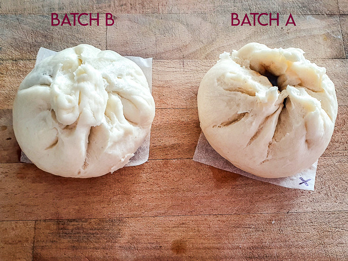 Two char siu bao side by side. One is marked Batch A, one Batch B